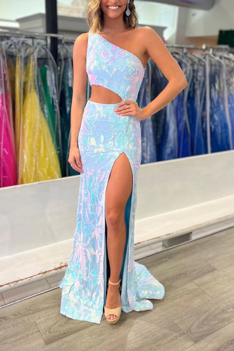 Sparkly One Shoulder Mermaid Sequins Lace Prom Dresses with Slit