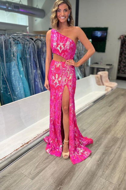 Sparkly One Shoulder Mermaid Sequins Lace Prom Dresses with Slit