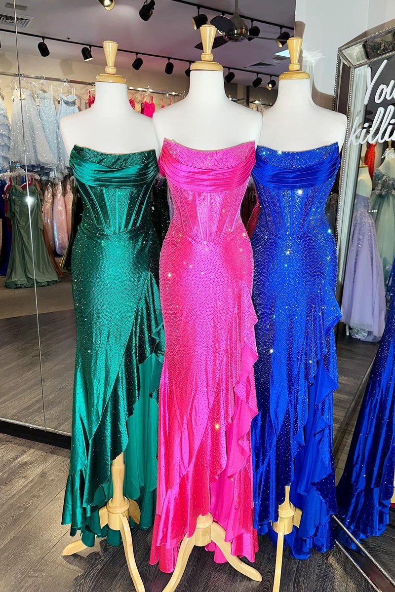 Sparkly Orange Mermaid Prom Dress with Strapless Bodice Lace Up Closure and Beaded Slit