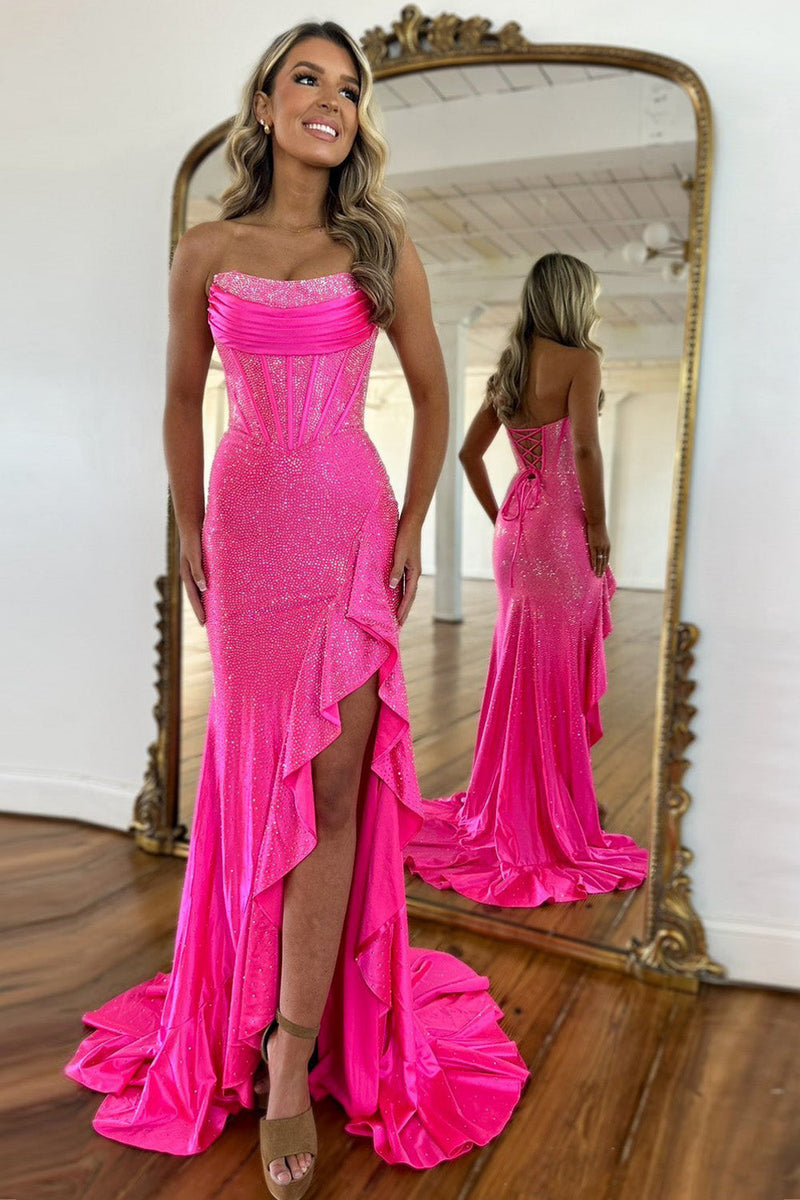Sparkly Orange Mermaid Prom Dress with Strapless Bodice Lace Up Closure and Beaded Slit