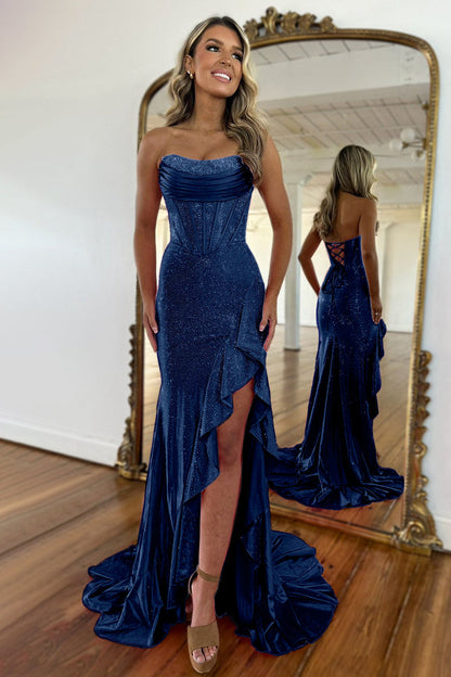 Sparkly Orange Mermaid Prom Dress with Strapless Bodice Lace Up Closure and Beaded Slit