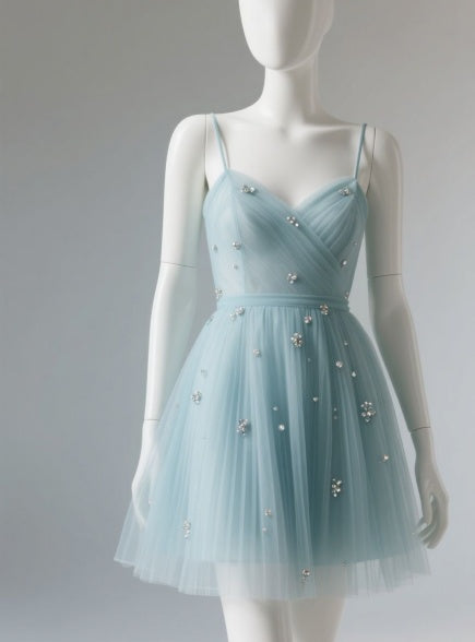 Sparkly Spaghetti Strap A-line Short Prom Dresses Tulle Green Hoco Dresses
