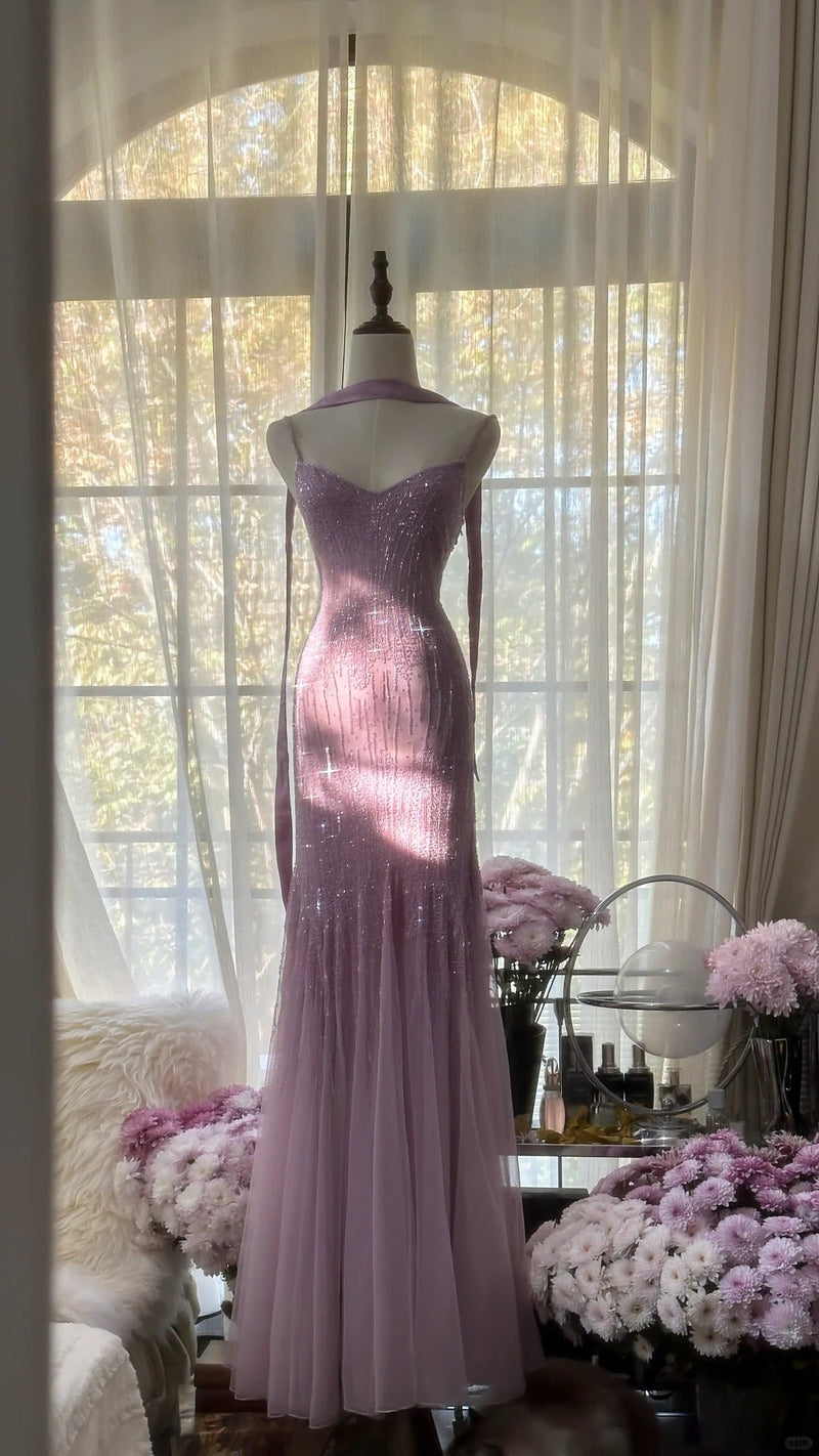 Sparkly Spaghetti StrapsPurple Mermaid Wedding Guest Dresses Beaded Tulle Chiffon Long Prom Dresses