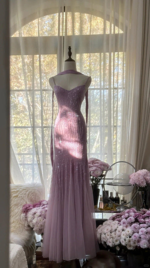 Sparkly Spaghetti StrapsPurple Mermaid Wedding Guest Dresses Beaded Tulle Chiffon Long Prom Dresses