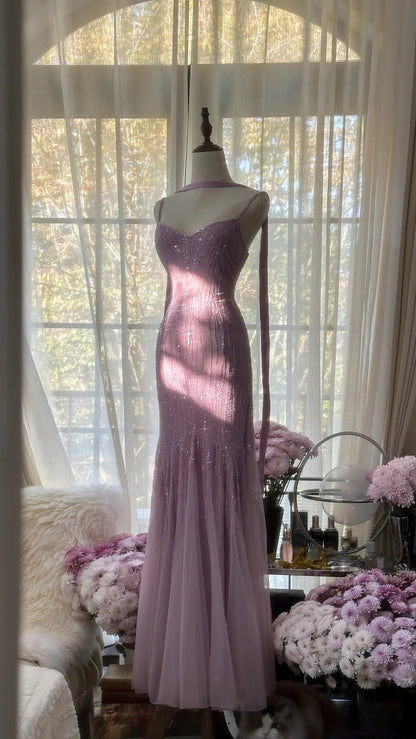Sparkly Spaghetti StrapsPurple Mermaid Wedding Guest Dresses Beaded Tulle Chiffon Long Prom Dresses