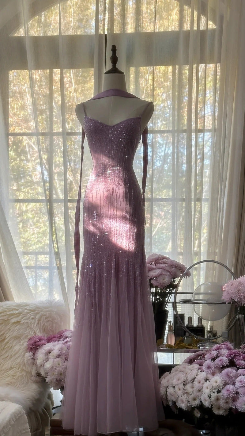 Sparkly Spaghetti StrapsPurple Mermaid Wedding Guest Dresses Beaded Tulle Chiffon Long Prom Dresses