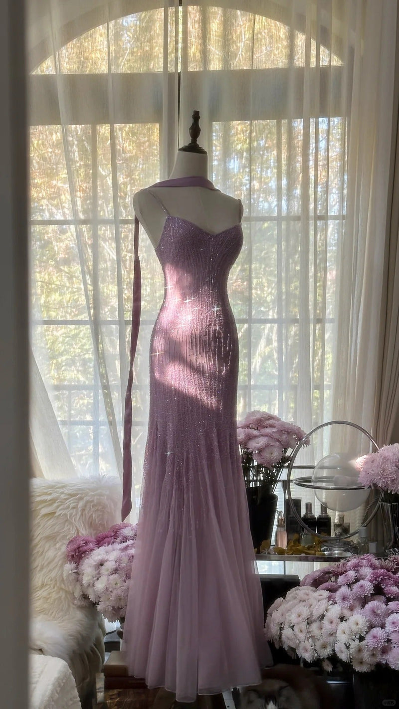 Sparkly Spaghetti StrapsPurple Mermaid Wedding Guest Dresses Beaded Tulle Chiffon Long Prom Dresses
