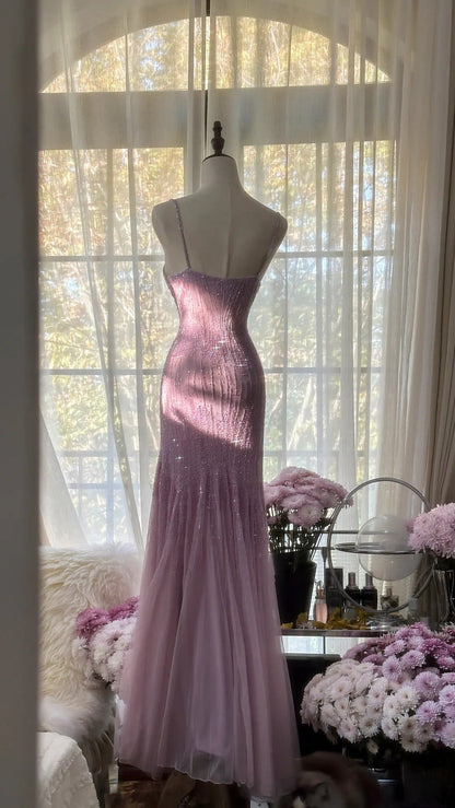 Sparkly Spaghetti StrapsPurple Mermaid Wedding Guest Dresses Beaded Tulle Chiffon Long Prom Dresses