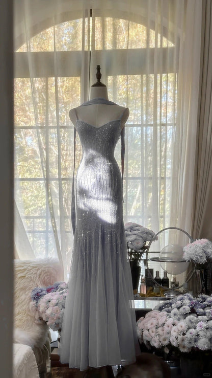 Sparkly Spaghetti StrapsPurple Mermaid Wedding Guest Dresses Beaded Tulle Chiffon Long Prom Dresses