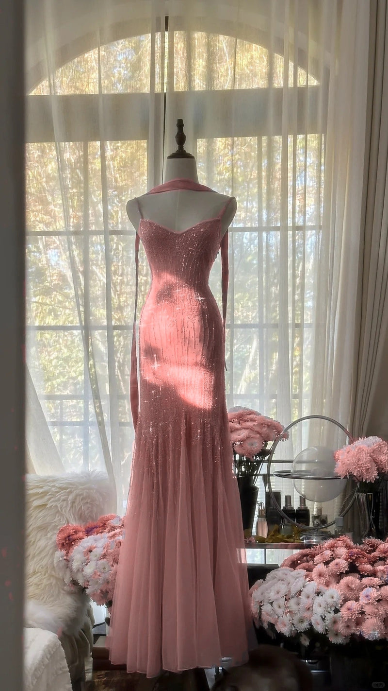 Sparkly Spaghetti StrapsPurple Mermaid Wedding Guest Dresses Beaded Tulle Chiffon Long Prom Dresses