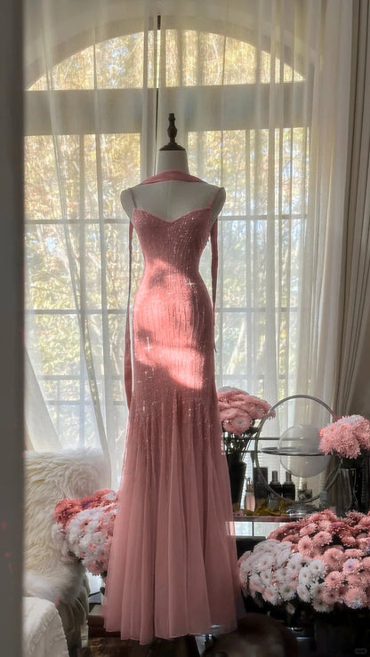 Sparkly Spaghetti StrapsPurple Mermaid Wedding Guest Dresses Beaded Tulle Chiffon Long Prom Dresses