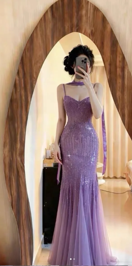 Sparkly Spaghetti StrapsPurple Mermaid Wedding Guest Dresses Beaded Tulle Chiffon Long Prom Dresses