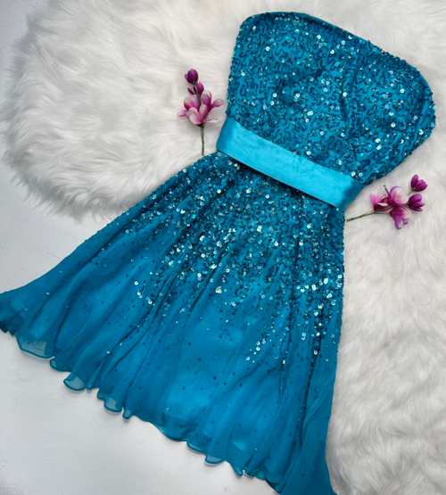 Sparkly Strapless Sheath Beaded Chiffon Short Prom Dresses, Blue Homecoming Dresses