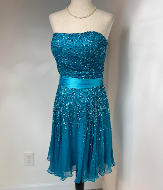 Sparkly Strapless Sheath Beaded Chiffon Short Prom Dresses, Blue Homecoming Dresses