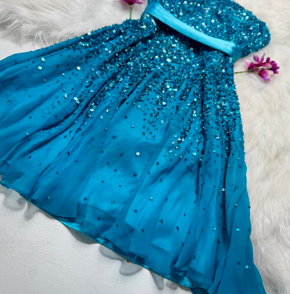 Sparkly Strapless Sheath Beaded Chiffon Short Prom Dresses, Blue Homecoming Dresses