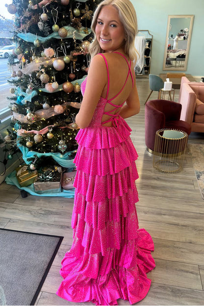 Sparkly V Neck Hot Pink Hot Sone Beading Tiered Slit Prom Dress