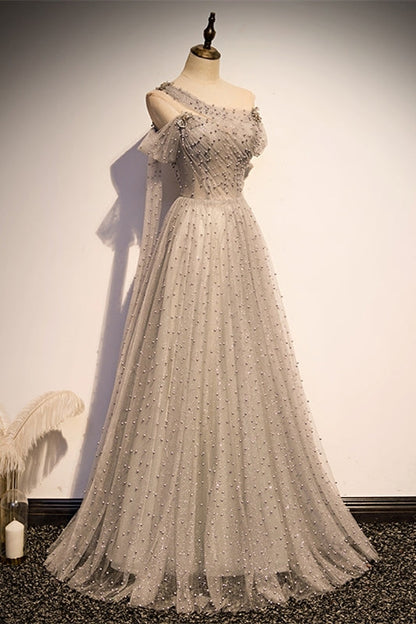 Special A-line Grey Pearls Long Formal Dress