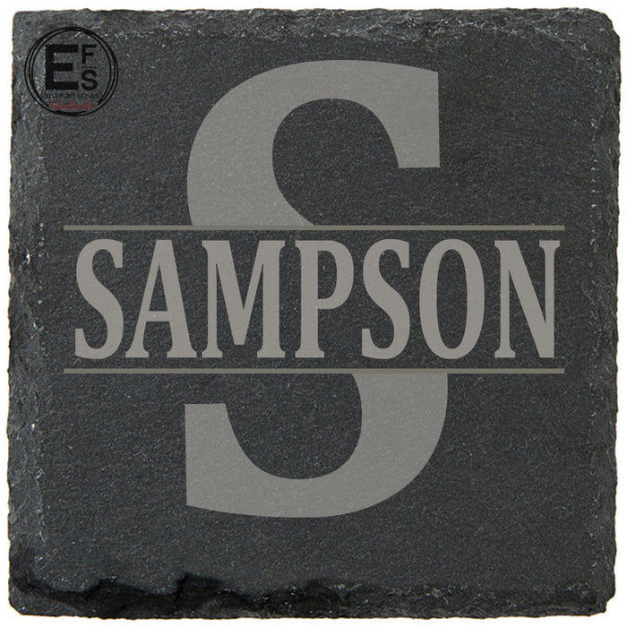 Handcrafted personalized slate coasters for bridal shower gift with split monogram engraving