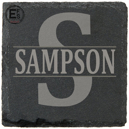 Handcrafted personalized slate coasters for bridal shower gift with split monogram engraving