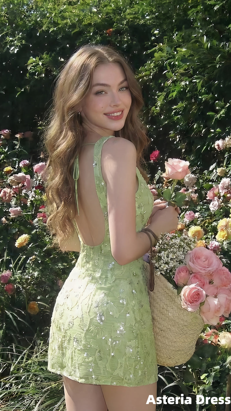 Spring Green Sequin Lace Cute Homecoming Dresses Open Back Short Hoco Dress