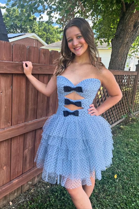 Strapless Black Dot Tulle Ruffle Homecoming Dress with Bow