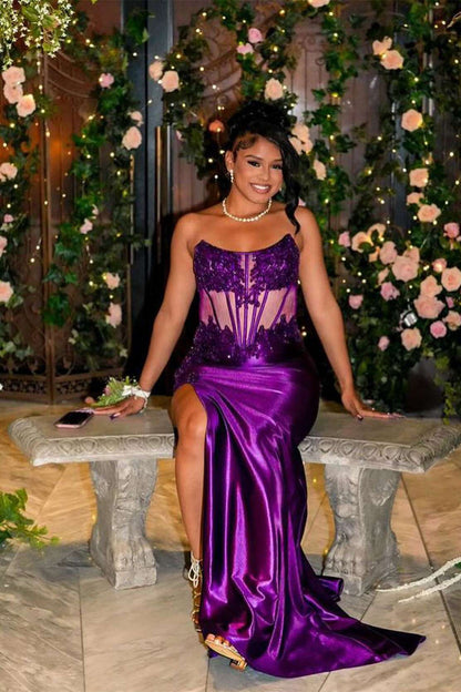 Strapless Black Sheer Appliques Fitted Long Evening Dress