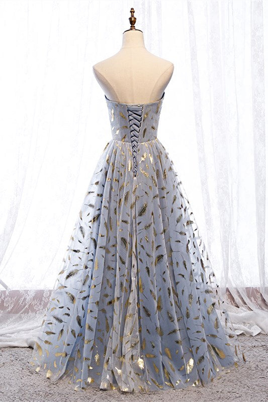Strapless Blue and Gold Long Party Dress