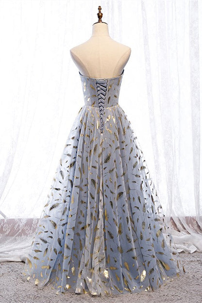 Strapless Blue and Gold Long Party Dress