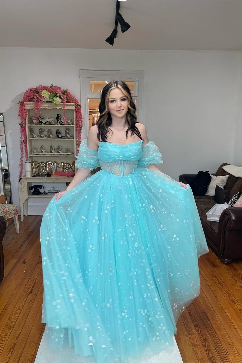 Strapless Blue Tulle Starry Long Formal Gown