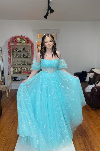 Strapless Blue Tulle Starry Long Formal Gown