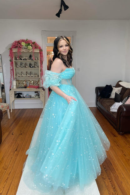 Strapless Blue Tulle Starry Long Formal Gown