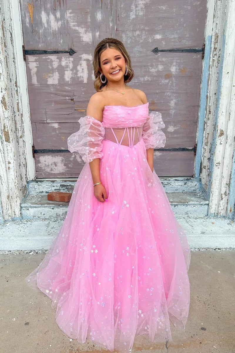Strapless Blue Tulle Starry Long Formal Gown