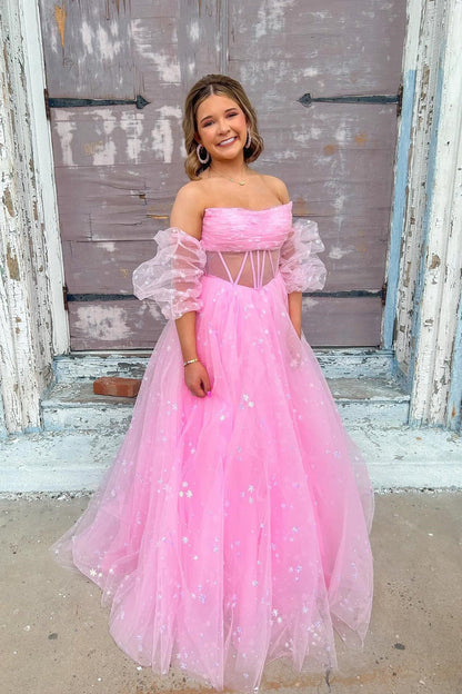 Strapless Blue Tulle Starry Long Formal Gown