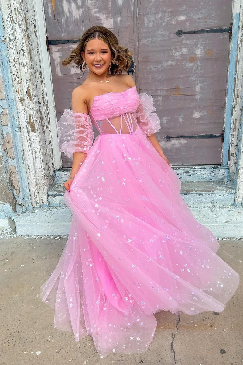Strapless Blue Tulle Starry Long Formal Gown