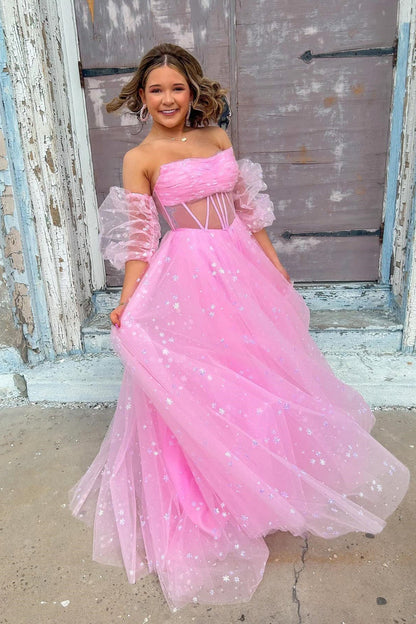 Strapless Blue Tulle Starry Long Formal Gown