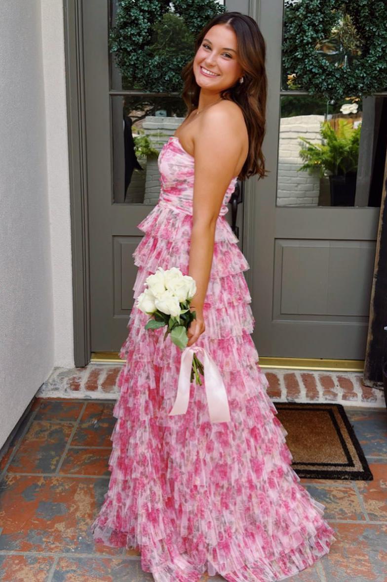 Strapless Floral A-line Ruffle Gown