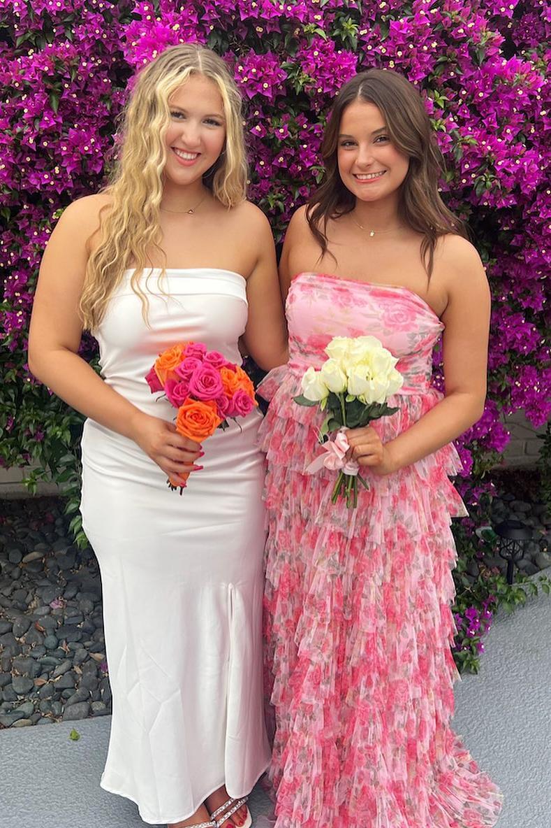 Strapless Floral A-line Ruffle Gown