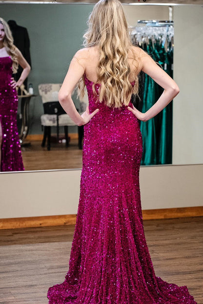 Strapless Fuchsia Sequin Mermaid Long Prom Dress with Slit