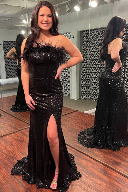 Strapless Fur Light Blue Sequin Mermaid Formal Dress