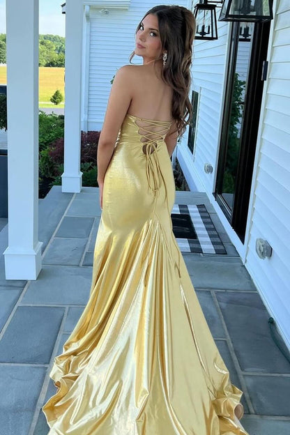 Strapless Gold Metallic Mermaid Long Prom Dress