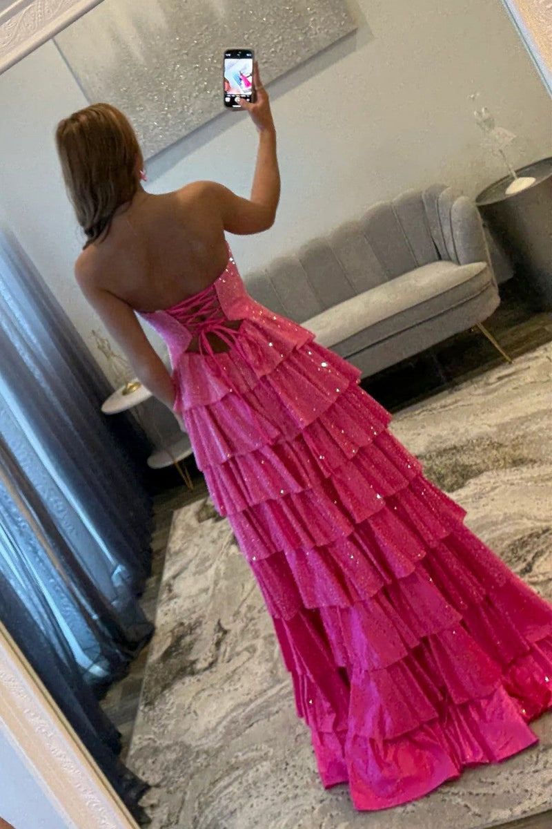 Strapless Hot A-Line Prom Dress with Keyhole Bodice Ruffle Skirt Slit and Lace Up Back