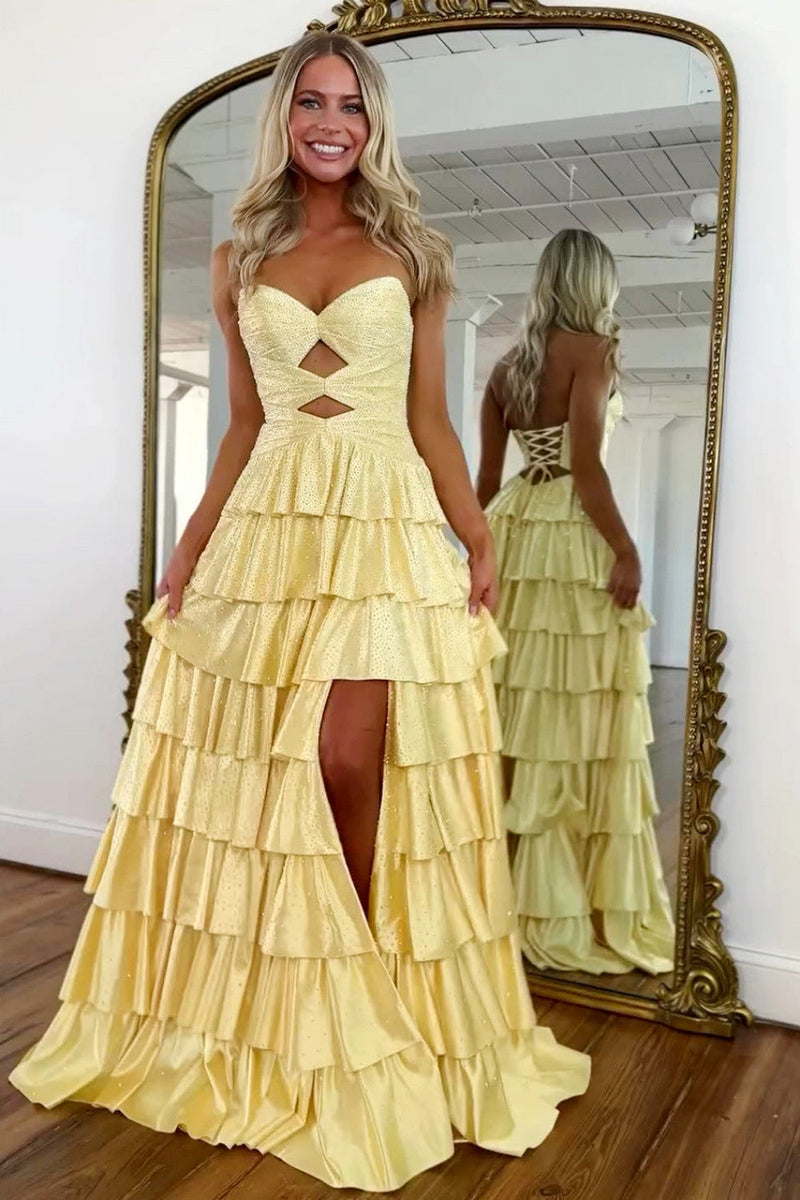 Strapless Hot A-Line Prom Dress with Keyhole Bodice Ruffle Skirt Slit and Lace Up Back