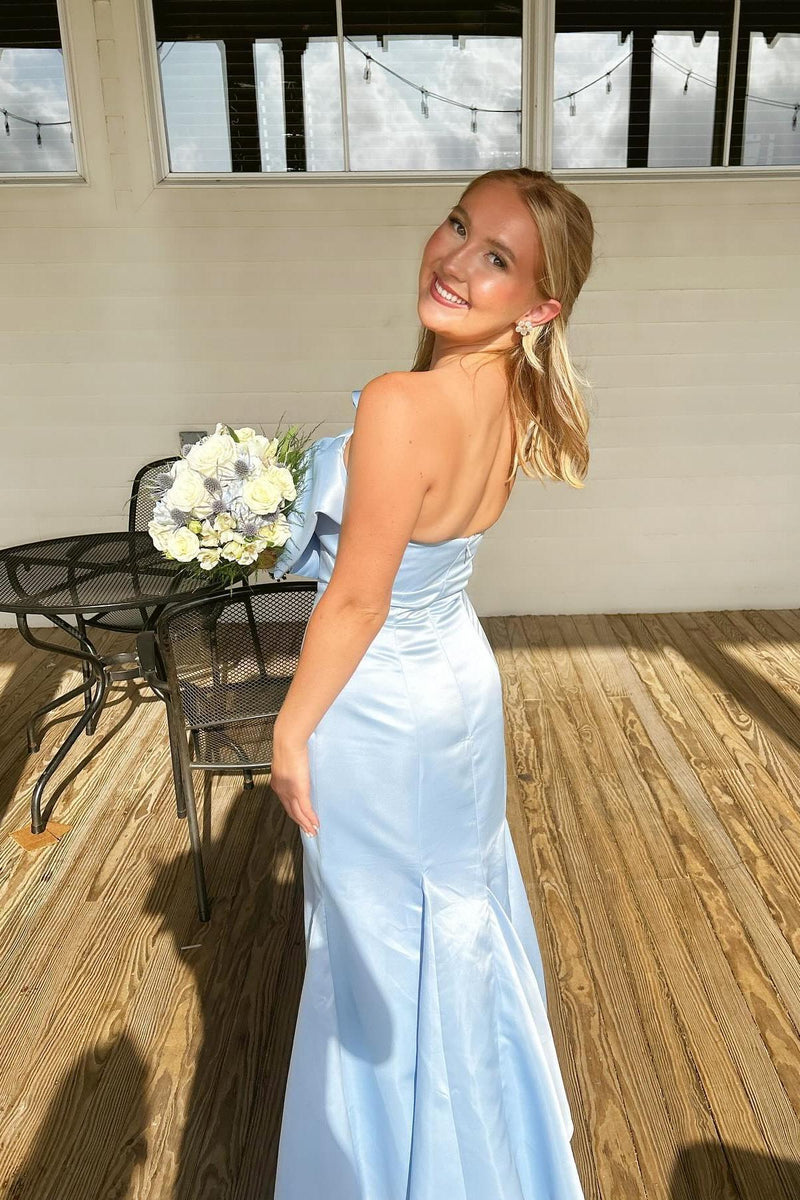 Strapless Light Blue Bow Mermaid Long Formal Dress