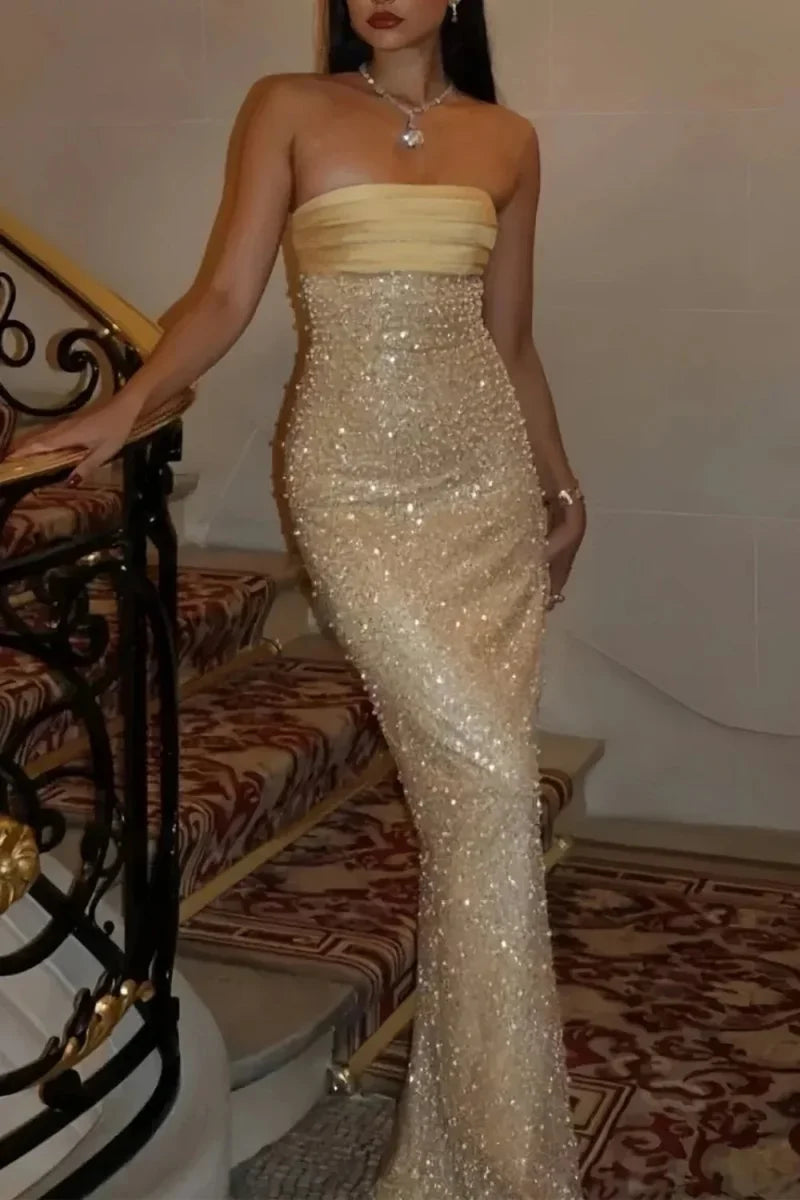 Strapless Pearl Sheath Long Prom Dresses, AST2315