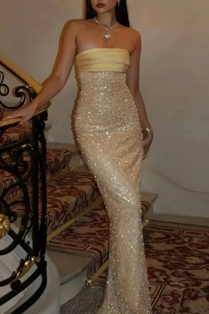 Strapless Pearl Sheath Long Prom Dresses, AST2315