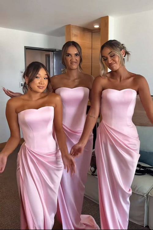Strapless Pink Draped Side Slit Bridesmaid Dress