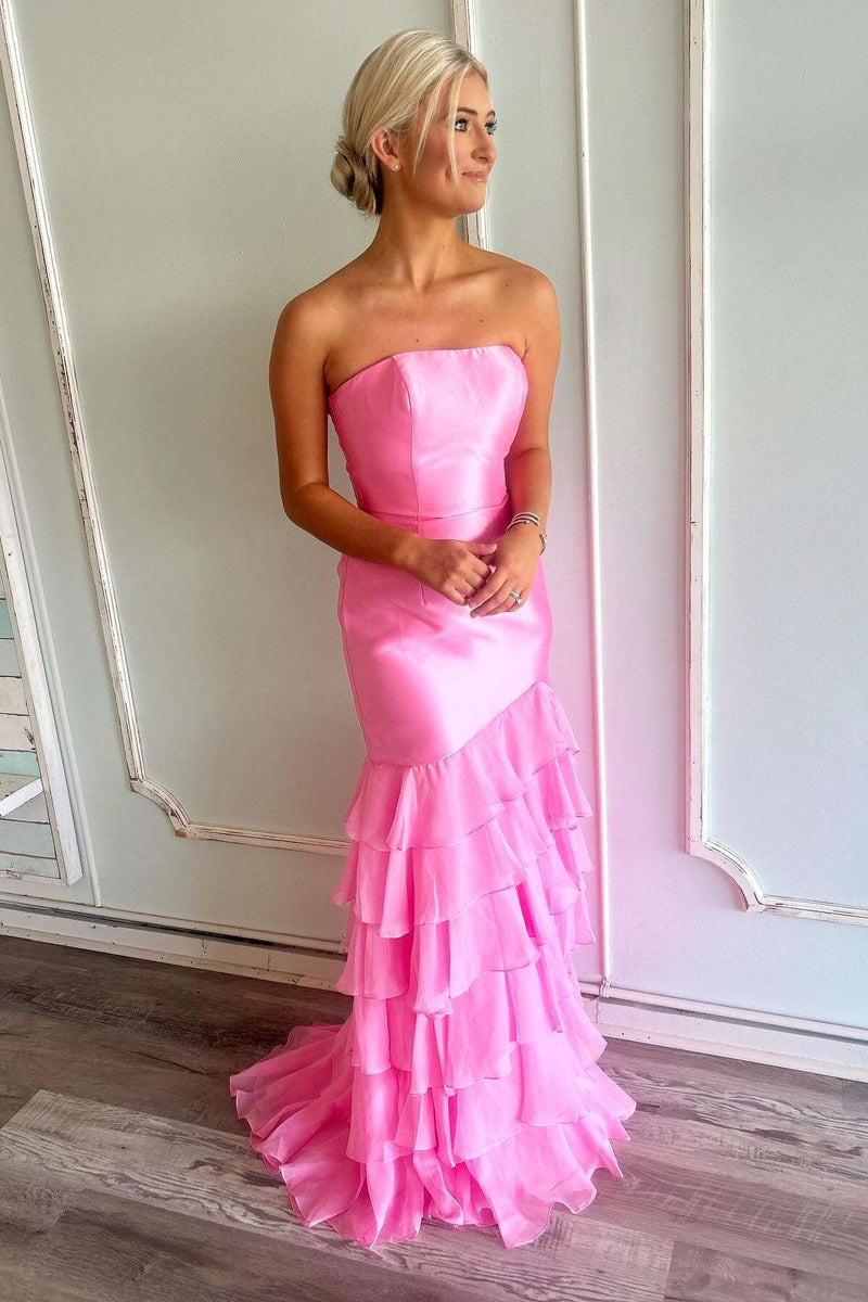 Strapless Pink Fitted Ruffle Long Party Dress