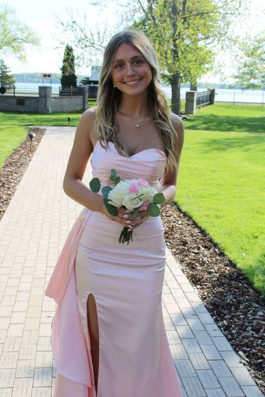 Strapless Pink Satin Ruched Long Formal Dress with Train
