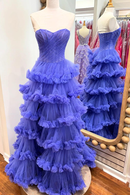 Strapless Purple Ruffle A-line Formal Gown