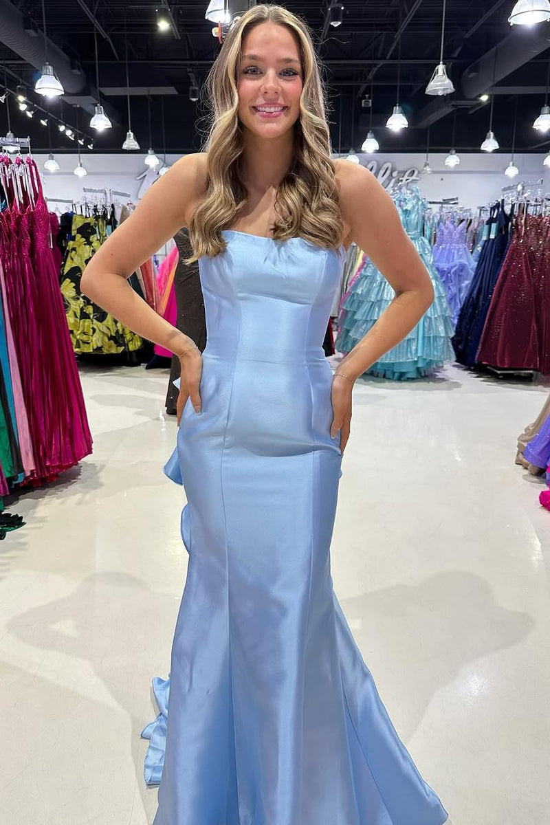 Strapless Satin Ruffles Train Mermaid Sleeveless Prom Dress